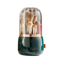 360 Rotating Makeup Brush Holder With Lid - Dustproof Organizer For Vanity, Travel & Bathroom Countertop - Dark Green - View 1