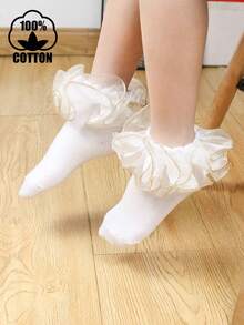 1 Pair Cotton Children/Toddler Lace Trim Ruffle Ankle Socks, Cute Princess Dance Socks For Girls - White - View 5