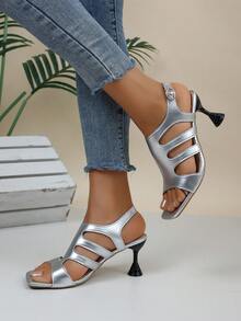 Geometric Cut-Out Heels | Silver Metallic Strappy Sandals For Futuristic Party Look - Silver - View 8