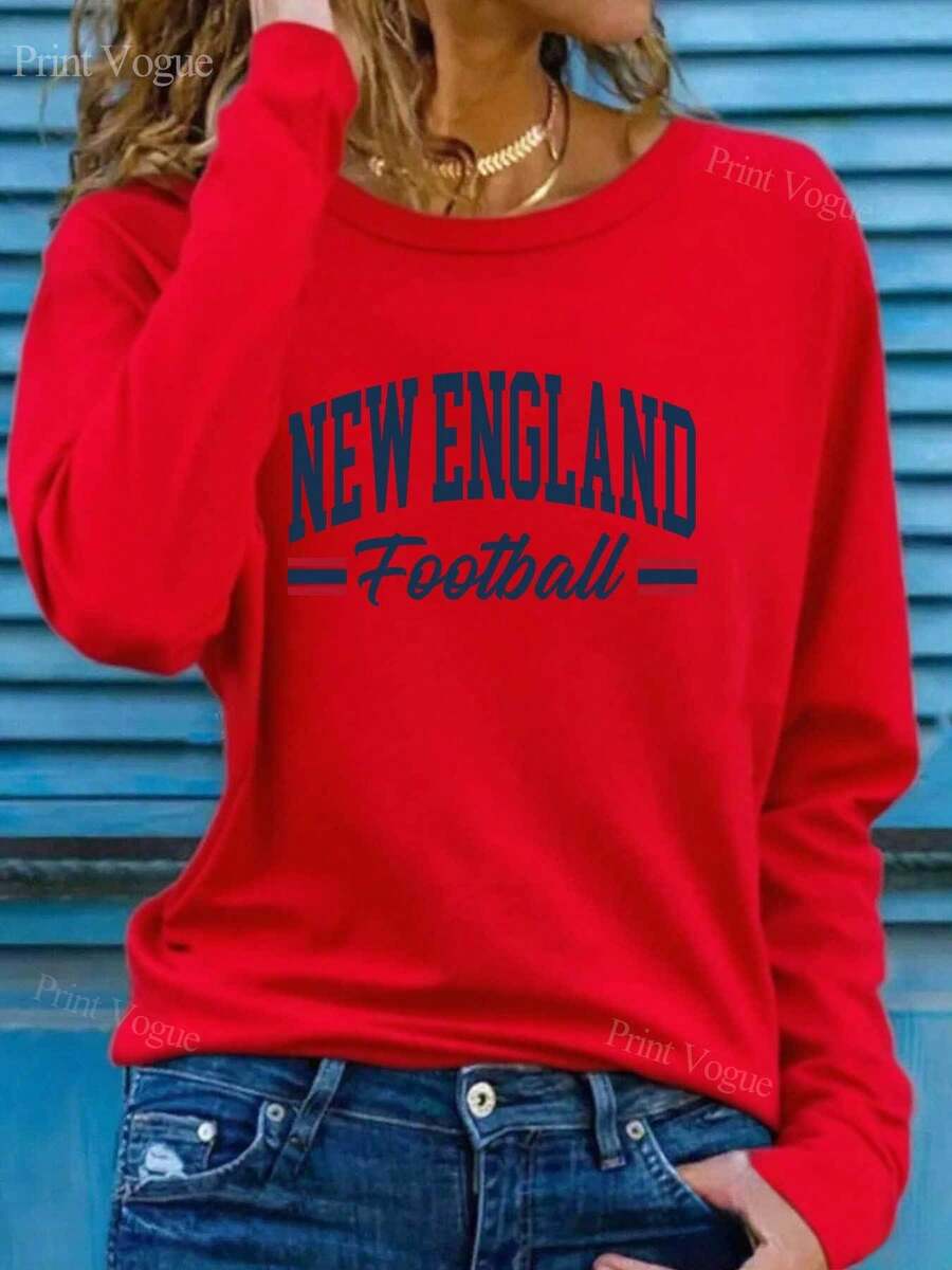 Women's New England Football Game Day T-Shirt - Team Logo And Schedule Print, Soft Casual Long Sleeve Top, Suitable For Fans To Wear Comfortably All Year Round, Team Pride Apparel For Daily Casual Wear And Game Day Outfits - 紅色 - 查看 1