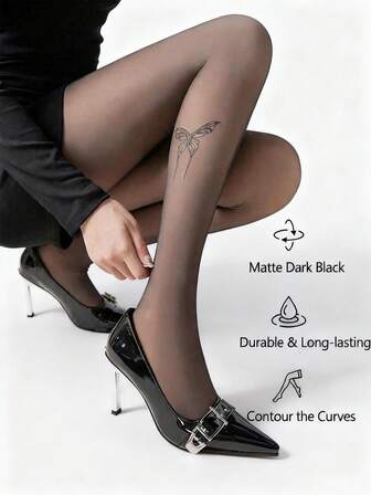 1 st. svarta fjärilsmönstrade damstrumpbyxor, trendiga, genomskinliga, fina designdetaljer, lämpliga för vår och höst, lämpliga för inomhus- och utomhusbruk