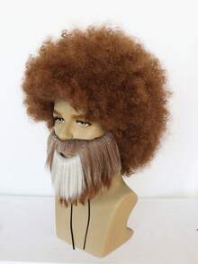 80年代画家卷发小丑棕色爆炸头假发及棕色带白色斑块胡须套装，男女通用 - 迪斯科嬉皮士服装、美术老师角色扮演、复古趣味派对装扮、男女通用中长高蓬松卷曲假发带刘海，适合节日、日常派对、圣诞节装饰、趣味卷曲耐热合成假发带胡须，适合动漫迷生日礼物 - 彩色 - 查看 5