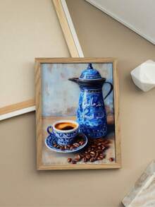 1 pièce Impression murale de cafetière arabe sans cadre, affiche en céramique bleue du Moyen-Orient, décoration de cuisine moderne, illustration de bar à café - Multicolore - Voir 1