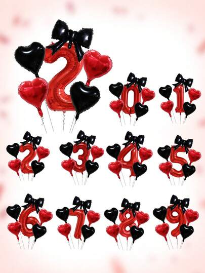 6pcs 32-Inch Red Number Balloons Set, 18-Inch Red Bow Shaped Balloons, Red & Black Heart Balloons, 0-9 Birthday Number Balloons, Suitable For Birthday Party, Anniversary, Bow Theme Decoration