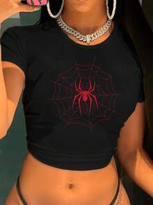 Womens - Black Crop Top: Black Arachnid Enchantress Crop Top Radiant Red Spider Web Design - Spring Summer And Fall Bold Statement Top Comfortable Stretchy Fit Love - Black - View 1