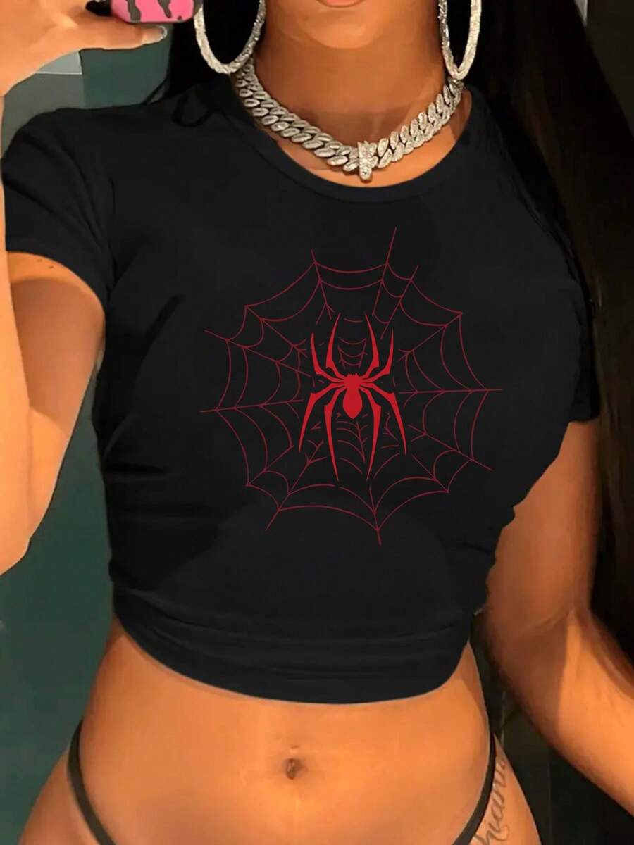 Womens - Black Crop Top: Black Arachnid Enchantress Crop Top Radiant Red Spider Web Design - Spring Summer And Fall Bold Statement Top Comfortable Stretchy Fit Love - Black - View 1