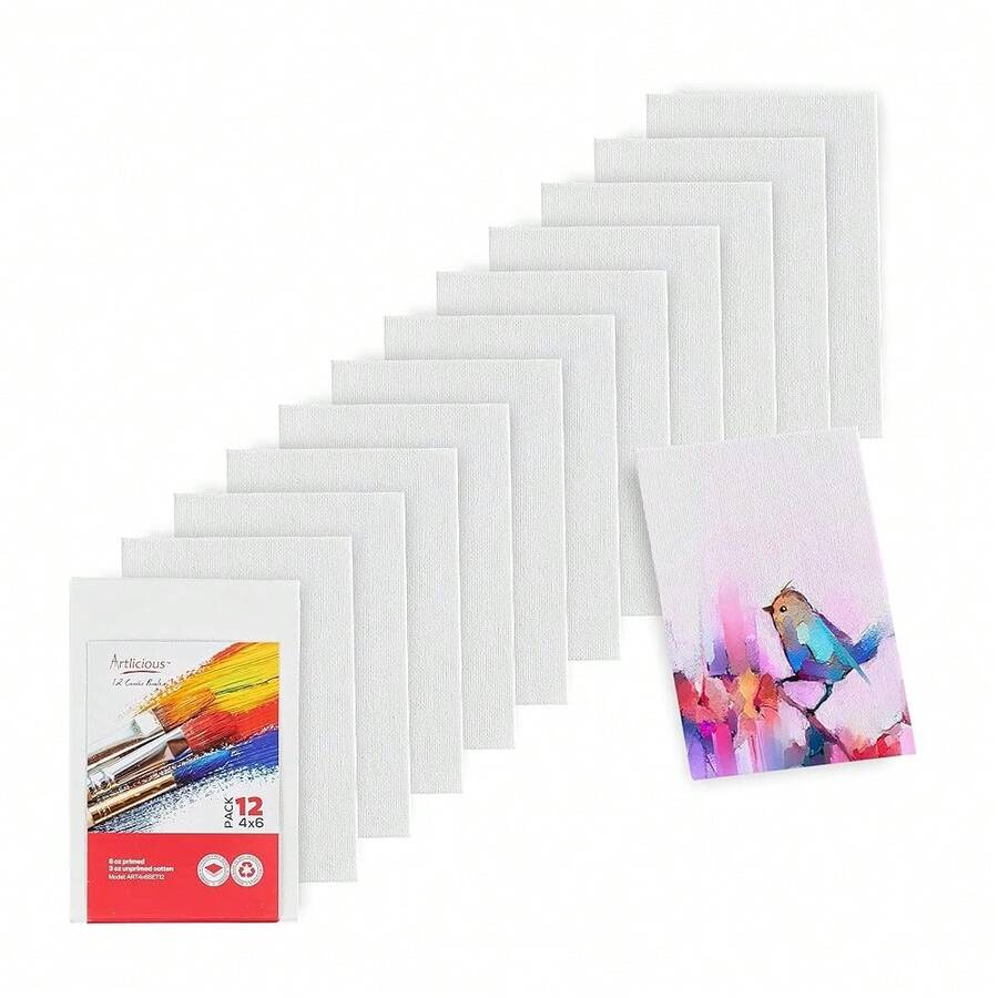 Small Canvases For Painting - Pack Of 12, 4 X 6 Inch Blank White Canvas Boards - 1OO% Cotton Art Panels Mini Canvas Bulk For Oil, Acrylic & Watercolor Small Canvas For Painting - 4x6吋-12件裝 - 查看 1