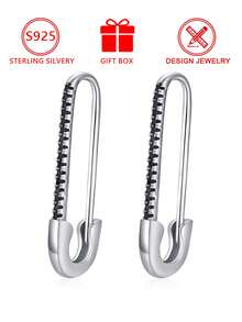 1pc 925 Sterling Silver Women's Brooch Style Black Zirconia Inlaid Earrings, Stylish Personalized Ear Clips, Gift Box, Suitable For Daily Wear And Festivals - Silver - View 12