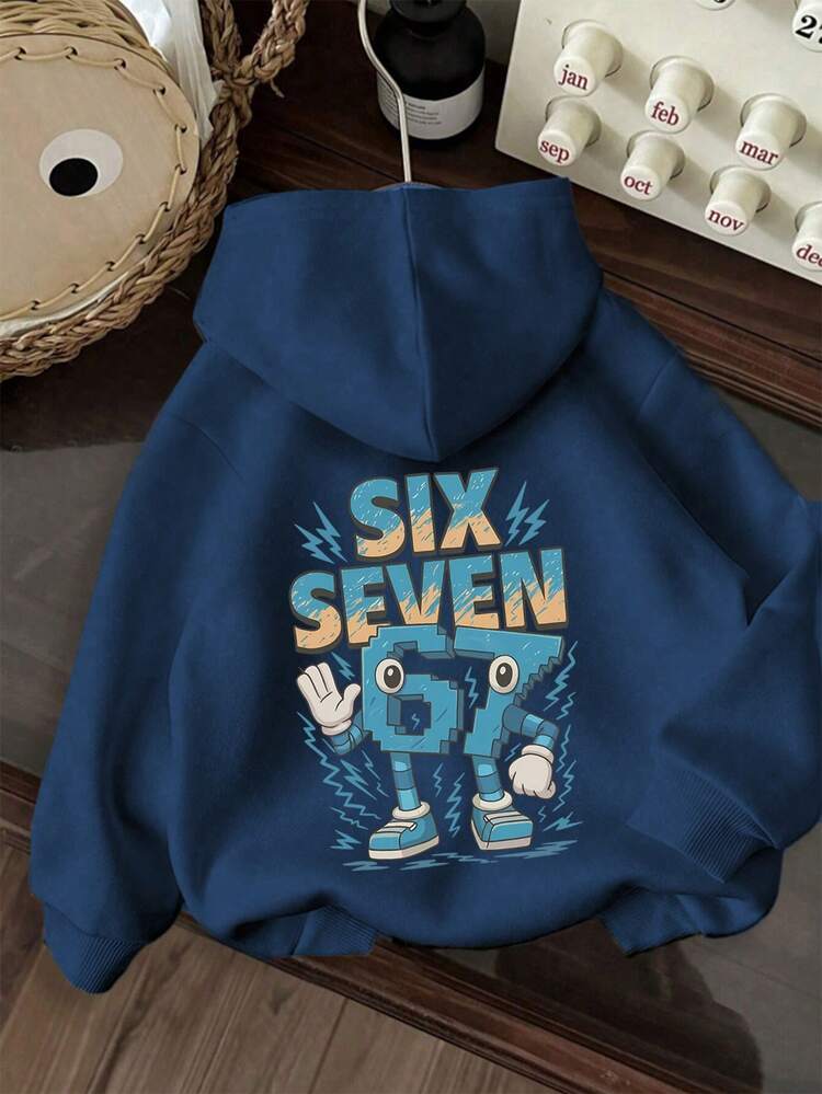 Tween Boy "67 Funny Number Meme" Print Fleece Pullover Sweatshirt Sweatshirt, Warm & Comfortable For Autumn/Winter, Suitable For Casual Wear & Streetwear - Navy Blue - View 5