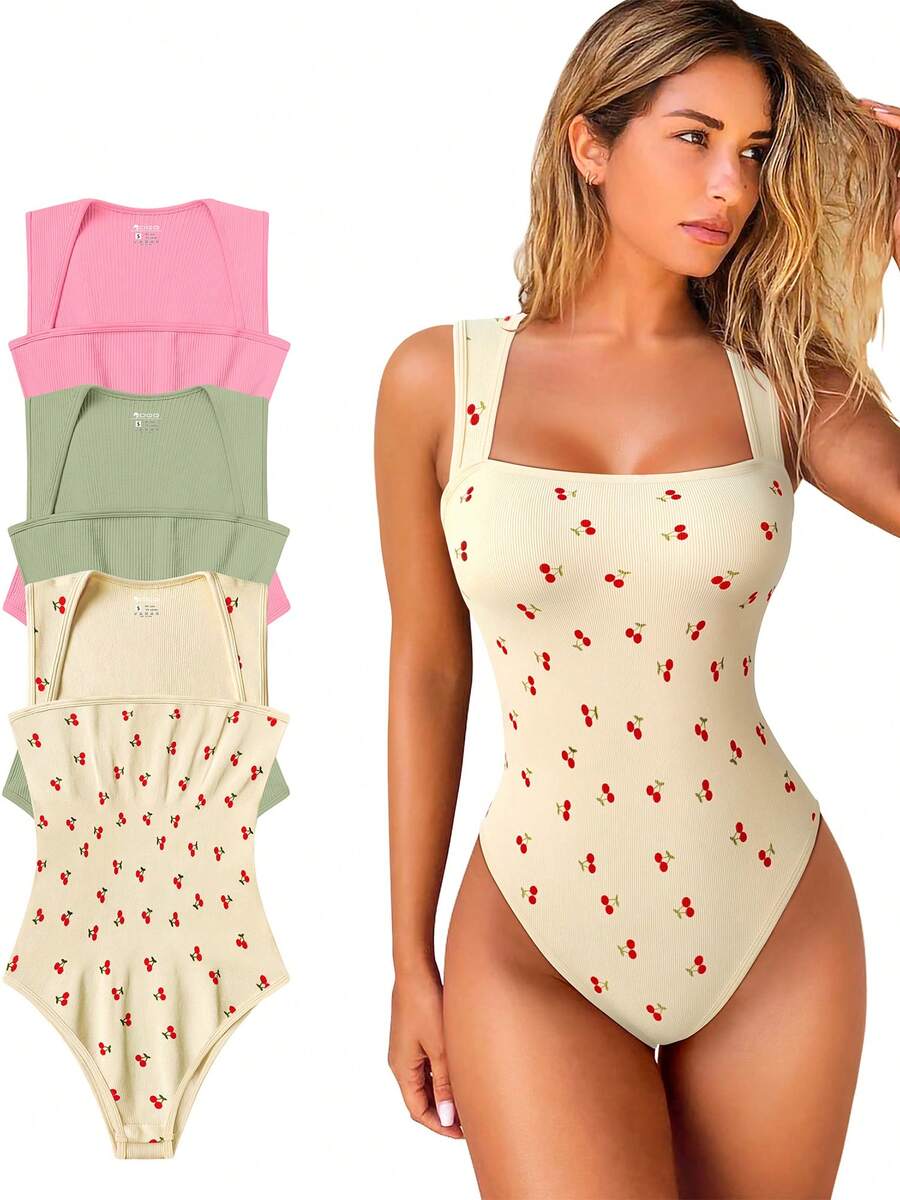 OQQ 3 Piece Bodysuits For Women Sexy Ribbed Strappy Square Neck Stretch Tank Tops Bodysuits - Màu đậu xanh, đào, màu be anh đào - Xem 1