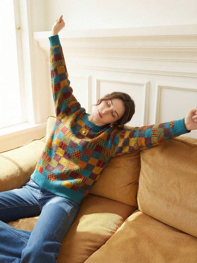 Knit Mix Elegant Women's Fashion Plaid Knit Sweater, Loose Fit Crew Neck Long Sleeve Pullover For Christmas, Thanksgiving, New Year, Casual, Random Pattern Design, Back To School Season, Autumn/Winter - Multicolor - View 10