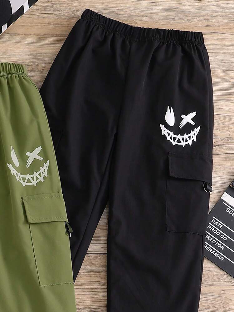 Tween Boys' Personalized-Catching Street-Style Casual Long Pants With Black, Green Color Block And Funny Face Print, Suitable For Daily Wear, School, Commuting, Spring/Summer/Autumn - Multicolor - View 9