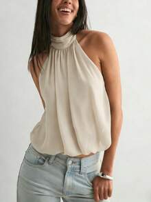 Women Cute Puffy Halterneck Top Sleeveless Open Back Tank Tops Fashion Button Neck Crop Tops Summer Y2K Loose Vest For Club Party Streetwear Going Out Outfit - 米色 - 查看 2