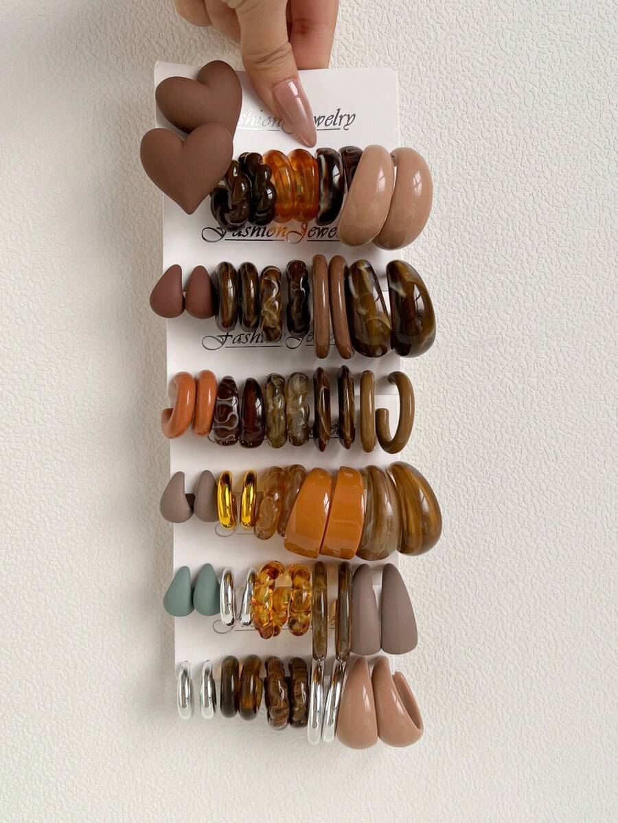 1-10 Pairs Random Coffee-Colored Heart-Shaped Vintage Y2K Acrylic Exaggerated Fashion Earrings Set, Blind Box Combination, Suitable For Mother's Day, Valentine's Day, Christmas, New Year Gifts, Daily Wear - Multicolor - View 1