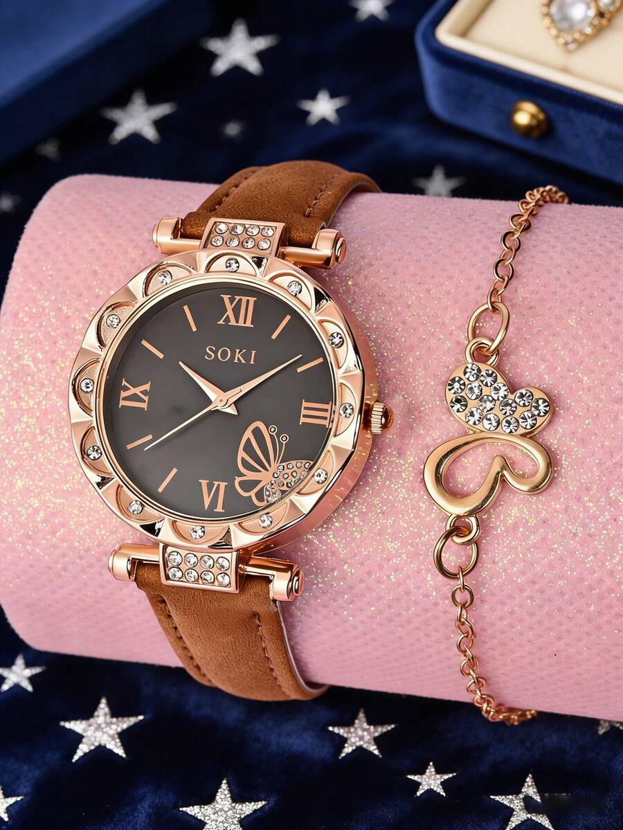 SOKI SOKI 一套女士手表，优雅时尚的蝴蝶表盘圆形表壳和蝴蝶表带，适合日常佩戴 - 棕色 - 查看 1