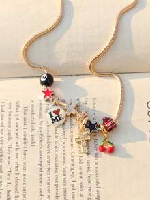 1pc "Love Yourself" Charm Necklace, 1pc Cross Necklace, 1pc 8 Ball & Cherry Necklace, 1pc Star Girl Necklace, 1pc Dark Star Necklace, Party Necklaces - Gold - View 6