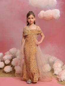 ALISA&LEO Tween Girl Glamorous Shining Off-Shoulder A-Line Dress Multi-Layered Tulle Sequin Splicing Graduation Prom Gown Special Occasion - Champagne - View 4
