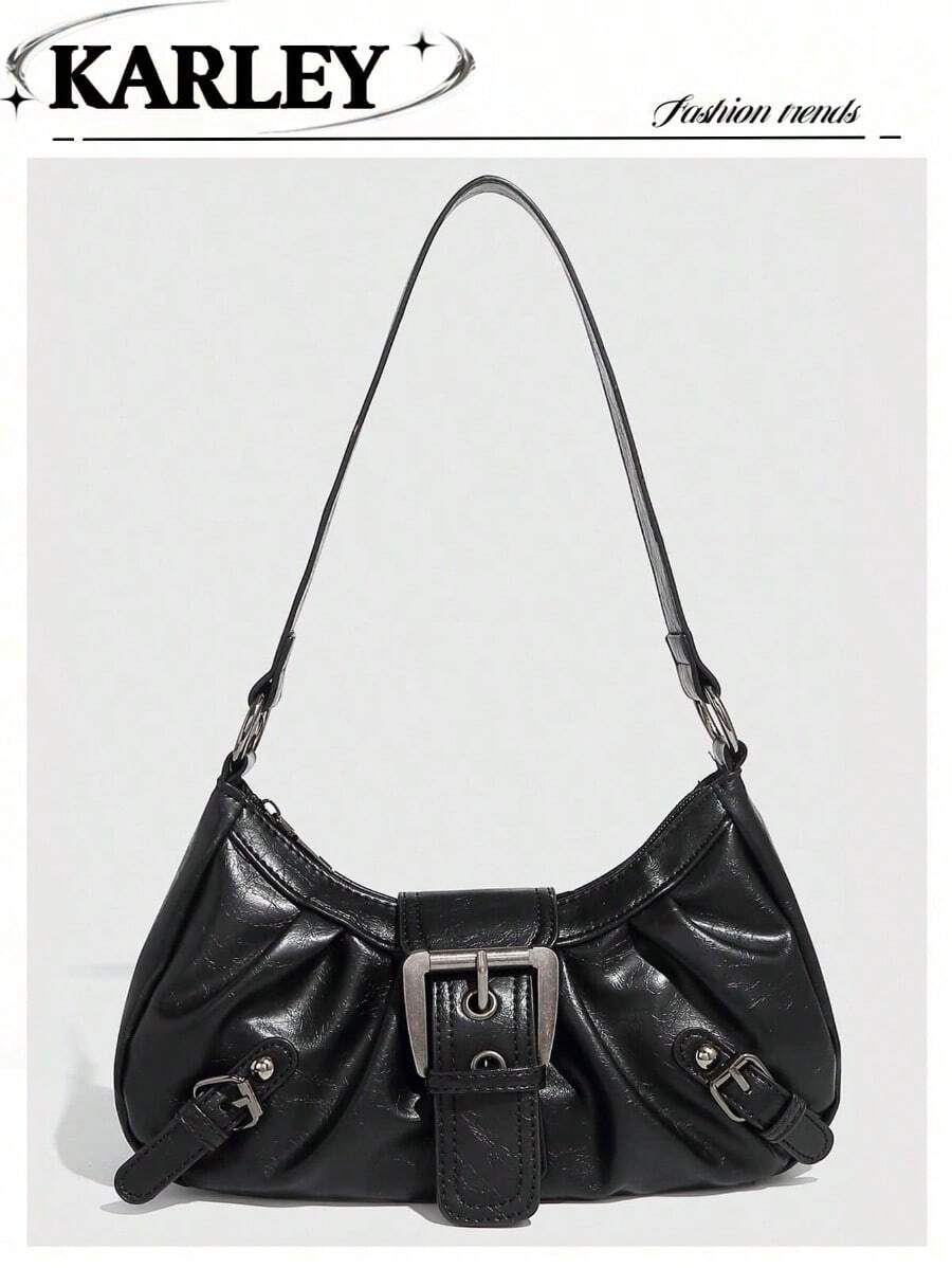 1pc Vintage Distressed Leather Motorcycle Bag, Decorated With Rivets And Buckles, Soft Touch, Folding Details, Cloud Shape, Suitable For Shoulder Or Crossbody Wear, Ideal For Work, Commute, Date, Party, Halloween Wallet, Perfect For Halloween Party Fashion And Gothic Style - 黑色 - 查看 1