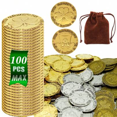 100 piezas/50 piezas/30 piezas/10 piezas Monedas de la suerte grandes, monedas de fantasía de piratas para el festival del Día de San Patricio con sombrero verde, material de aleación, set de cofre del tesoro de piratas, adecuado para juegos de mesa, fichas, cosplay, regalo ideal para amigos