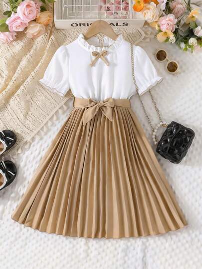 Đầm kiểu học viện Pháp cho bé gái, cổ bèo trắng + chân váy dài xếp ly màu kaki với nơ ở eo, đầm dự tiệc thanh lịch.