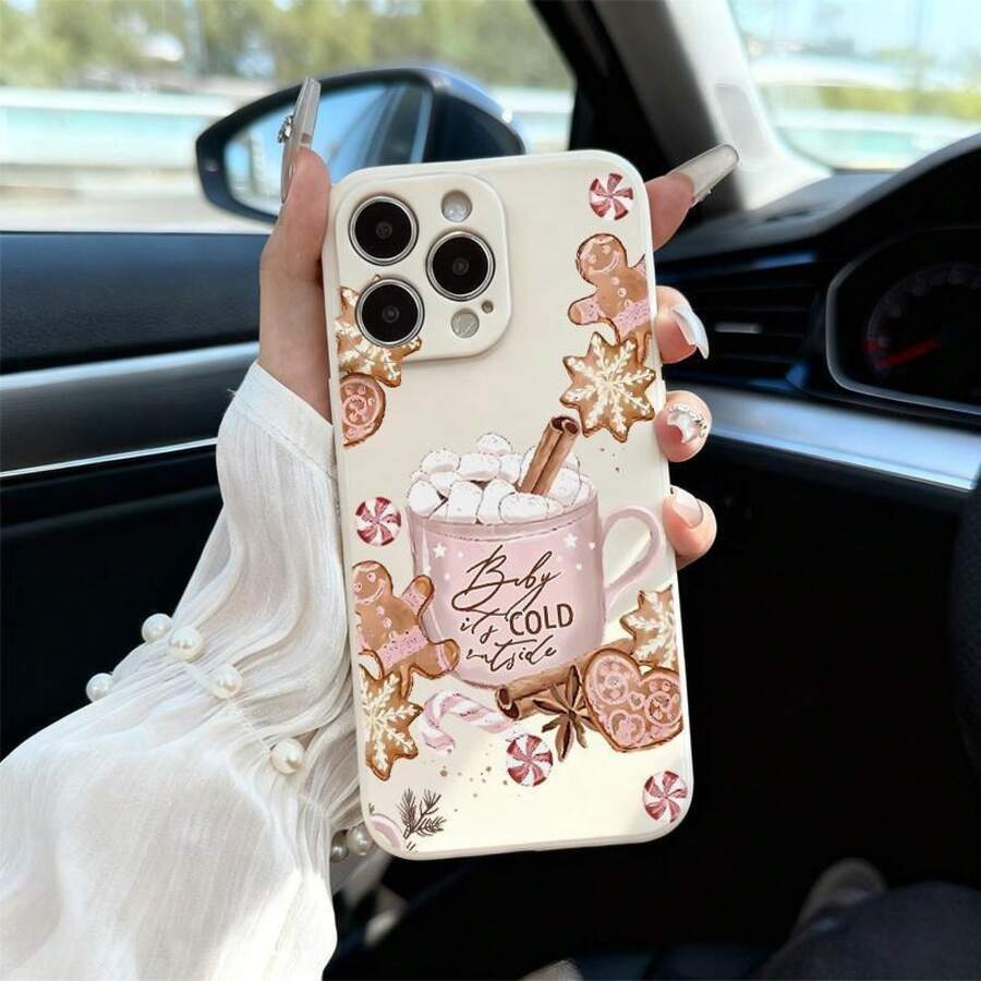 Beige Phone Case With Christmas Warm Style, Realistic Artwork Featuring Gingerbread For Man, Hot Cocoa, And "Baby It's COLD Outside" Text Design, Exquisite Detail, For IPhone 6/7/8/X/XS/XR/XS Max/11/12/13/14/15/16/17 Pro Max. Full Protection, Stylish,Suitable For IPhone17 Air - 白色 - 查看 1