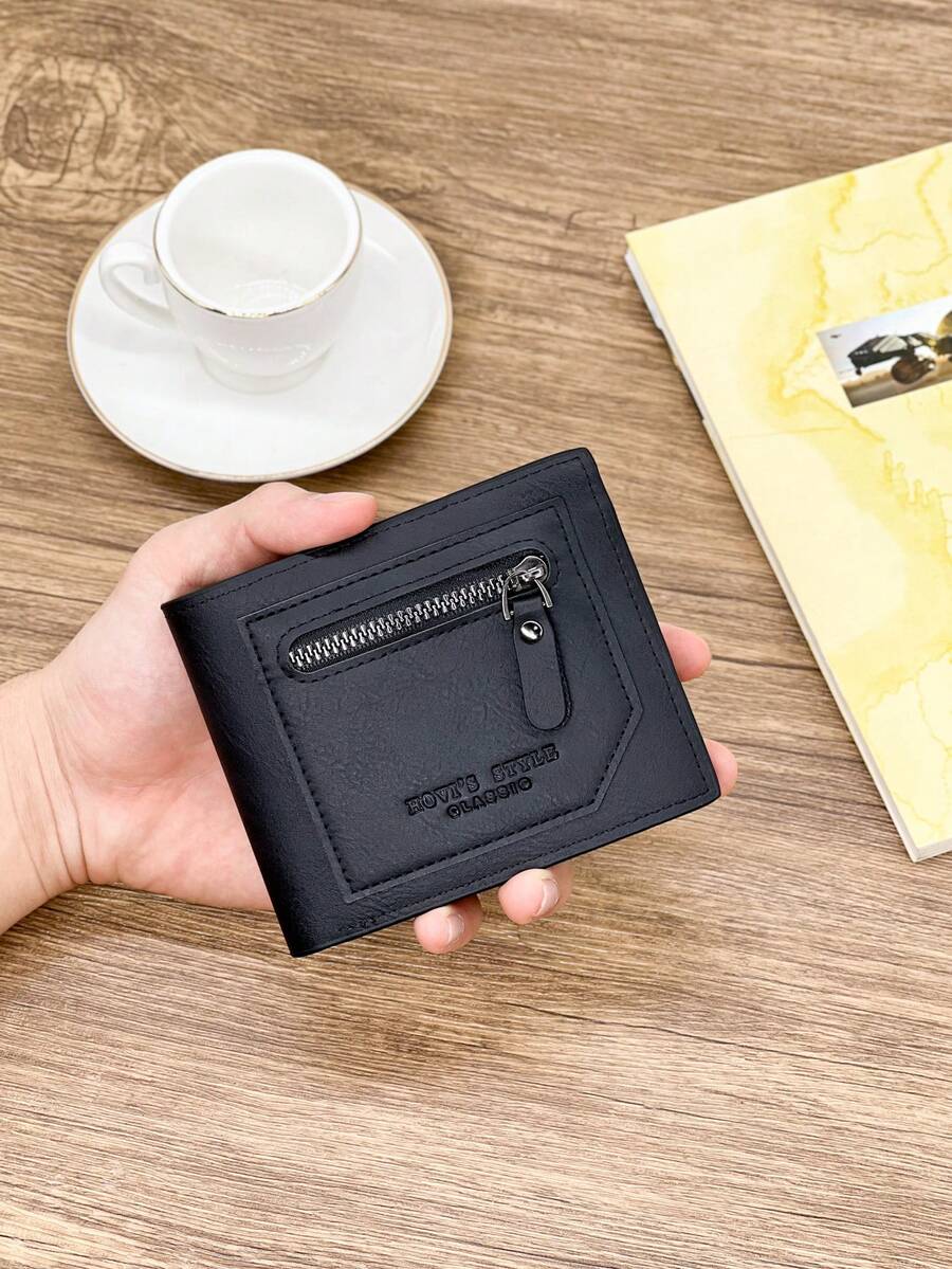HOVI'S 男士短款钱包，黑色PU皮革，带拉链零钱包和多个卡槽，小巧便携，新年礼物/情人节礼物