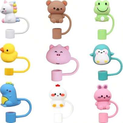 9 piezas Tapa de paja reutilizable a prueba de polvo de 10 mm de diámetro compatible con tazas y vasos con tapa y pajitas (Set de 9 piezas con diseño de animales)