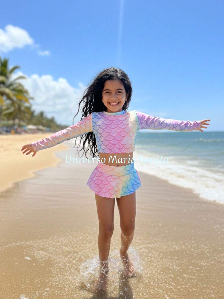 Biquíni Infantil Menina Blusa Manga Longa Roupa de Banho Moda Praia Piscina - Escama Lilás - Visão 1