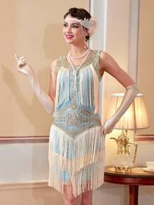 1920s Flapper Style Lace V-Neck Fringe Dress Set For Women - Baby Blue - View 4