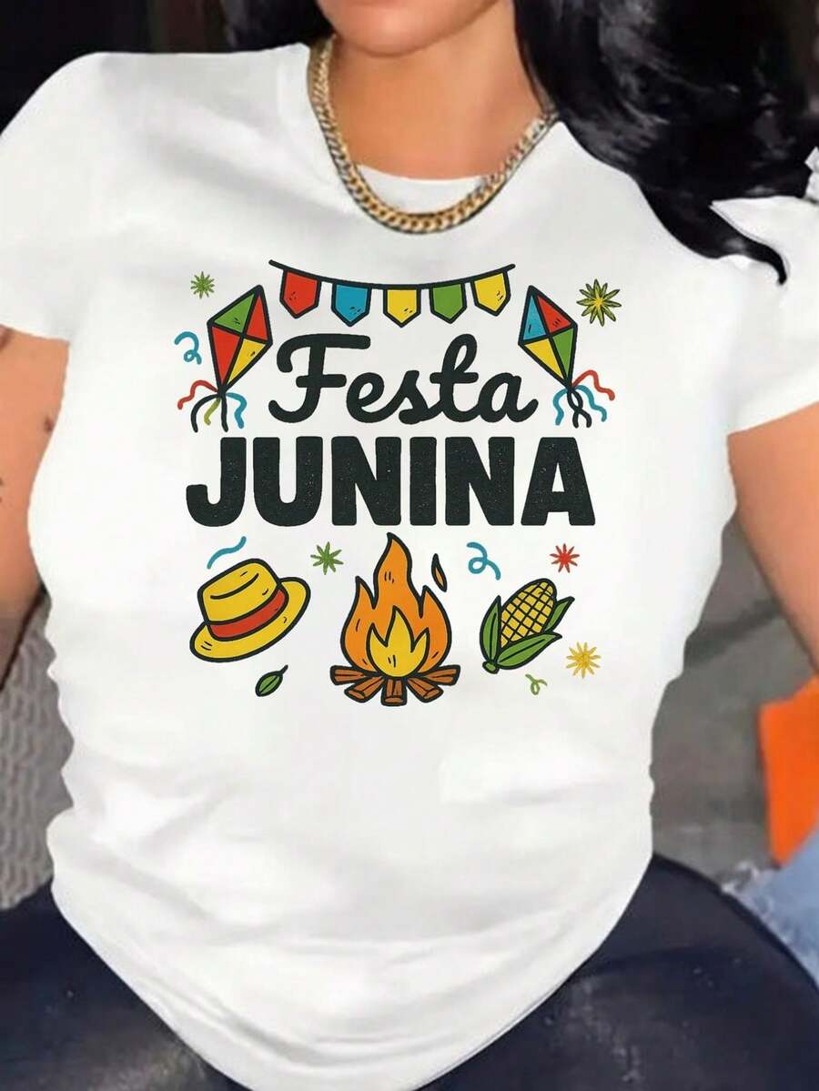 Women Festa Junina Bonfire Print T-Shirt  Brazilian Carnival Design With Fireworks Corn Graphics Short Sleeve Crew Neck Casual Top Breathable Machine-Washable Soft Comfortable Fabric Lightweight Material Ideal For Festivals Outdoor - White - View 1