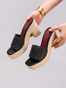 麻绳坡跟凉鞋，露趾绑带，夏季度假休闲高跟防水一脚蹬拖鞋，日常时尚女鞋 - 黑色 - 查看 5