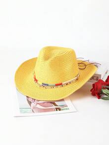 1pc Solid Color Bohemian Straw Hat, Casual, With Metal Decor Hat Band, All-Season Versatile Commuting - B - View 17