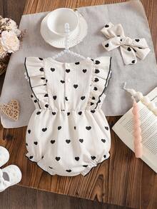 2 piezas Conjunto de ropa casual de verano para niñas bebé: Body sin mangas con estampado de corazón y ribete de volantes, diadema con decoración de lazo de cinta - Albaricoque - Ver 2