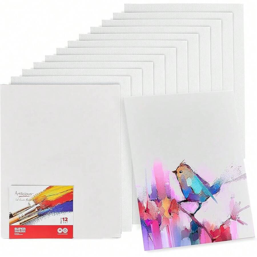 Small Canvases For Painting - Pack Of 12, 5 X 7 Inch Blank White Canvas Boards - 1OO% Cotton Art Panels Mini Canvas Bulk For Oil, Acrylic & Watercolor Small Canvas For Painting - 5x7吋-12片 - 查看 1
