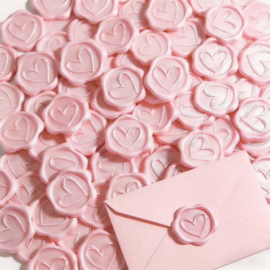 30张粉色爱心自粘蜡封贴纸，适用于礼品、婚礼请柬信封封口