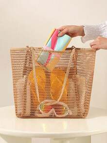 Große faltbare Mesh-Strandtasche, Damen Schultertasche, Mesh-Strandtasche mit Taschen zum Tragen von Bademode, Toilettenartikeln, Strandaccessoires - Verschiedenfarbig - Übersicht 6