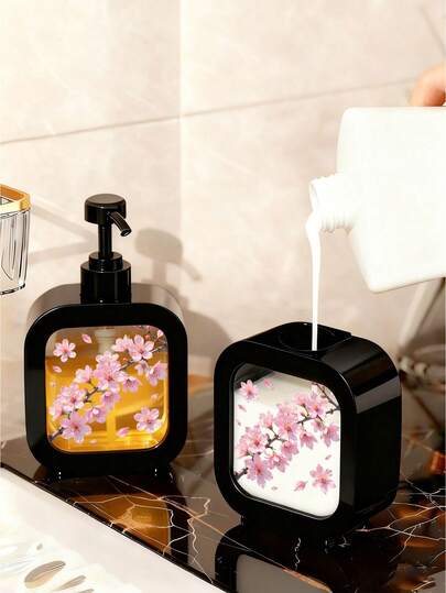 Kreative Badezimmer Spender, rosa Kirschblütenzweig in Blüte mit fallenden Blütenblättern, geeignet für Badezimmer, Küche, Waschbecken - perfekt zum Aufbewahren von Seife, Handwäsche, Duschgel usw. - Kreative Lotionsflasche, Lotionsspender, Spender, Badezimmer