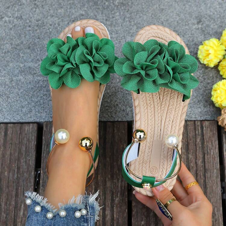 Sandalias de playa con estampado floral para mujer, de estilo bohemio dulce, versátiles para vacaciones en la playa, con suela suave y antideslizante - Verde - Añade 8