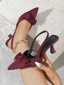 女士时尚优雅新款裸色蝴蝶结细高跟尖头凉鞋，法式时尚派对鞋 - 酒紅色 - 查看 3