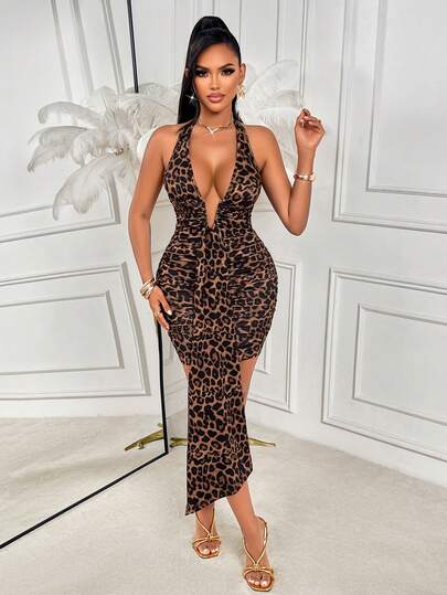 AIJ Amarilo Leopard Print Sexy Deep V-Neck Halter Neck Front Ribbon Ruched Mini Dress With Metal Buckle Decoration, Sexy Deep V-Neck Casual Vacation Beach Outfits Short Dress, Leopard Print Going Out Outfits Mini Dress, Spring And Summer New Women's Clothing