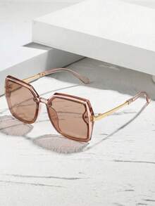 1 Pair Unisex Square Stylish Glasses, Suitable For Daily Wear, Street Photography, Vacation, Beach, Back To School, Rectangular Frames - Champagne Tea - View 2