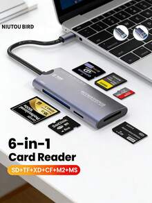 Niutoubird Lector de tarjetas multifunción de alta velocidad 6 en 1, interfaz dual USB-C/USB - Adaptador de tarjetas de memoria SD TF XD CF M2 MS, compatible con cámara, portátil, teléfono inteligente, computadora, plug and play, sin necesidad de controlador, sin batería necesaria - Multicolor - Ver 4