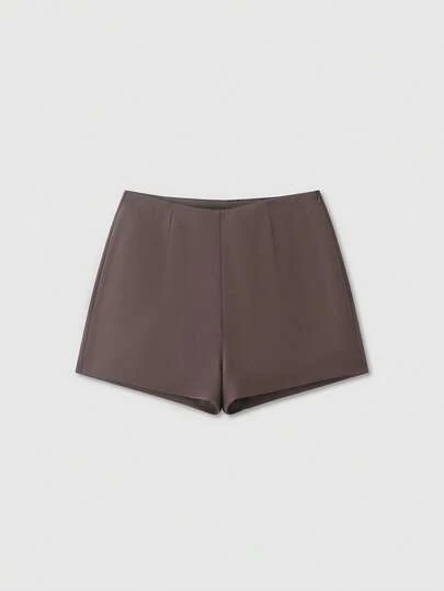 Women's Simple Solid Brown Straight High Waist Side Zipper Shorts, Summer