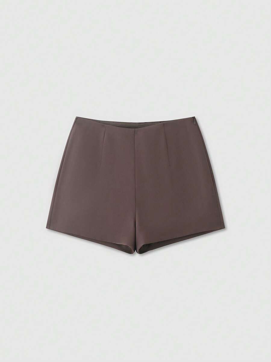 Women's Simple Solid Brown Straight High Waist Side Zipper Shorts, Summer - Dark Brown - View 1
