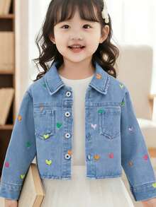 New Girls Toddler Asymmetrical Heart Embroidery Cute Casual Denim Jacket, Spring/Summer/Autumn