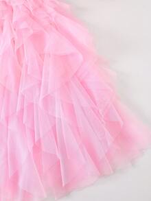 1pc Women's Asymmetrical Layered Ruffle Mesh Tulle Skirt Pink Spring - Pink - View 3