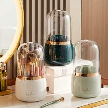 360 Rotating Makeup Brush Holder With Lid - Dustproof Organizer For Vanity, Travel & Bathroom Countertop - Dark Green - View 4