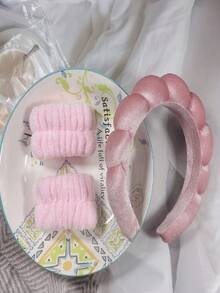 Fashionable Cute Cloud Pattern Headband, Wristband, Headscarf Set For Women, Suitable For Daily, Home, Outdoor, Sports Wear, Ideal Gift For Girlfriend On Valentine's Day Or Birthday - Pink - View 3