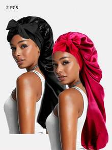 3pcs Women's Multi-Color Long Hair Sleeping Cap, Faux Silk Stretchy Turban Headband, Beauty Hair Care Headwear