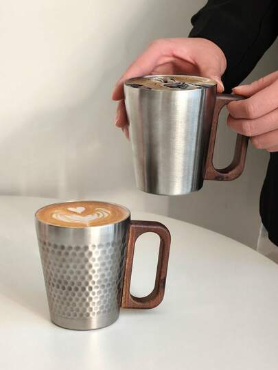 1个复古304不锈钢咖啡杯，工业风金属杯，带木柄，拿铁杯，适用于餐厅、咖啡角、办公室、甜品店，礼品